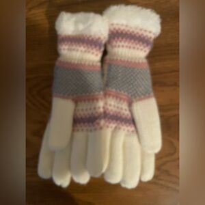 Women White Knitted Gloves With Pink and Blue Isle Pattern